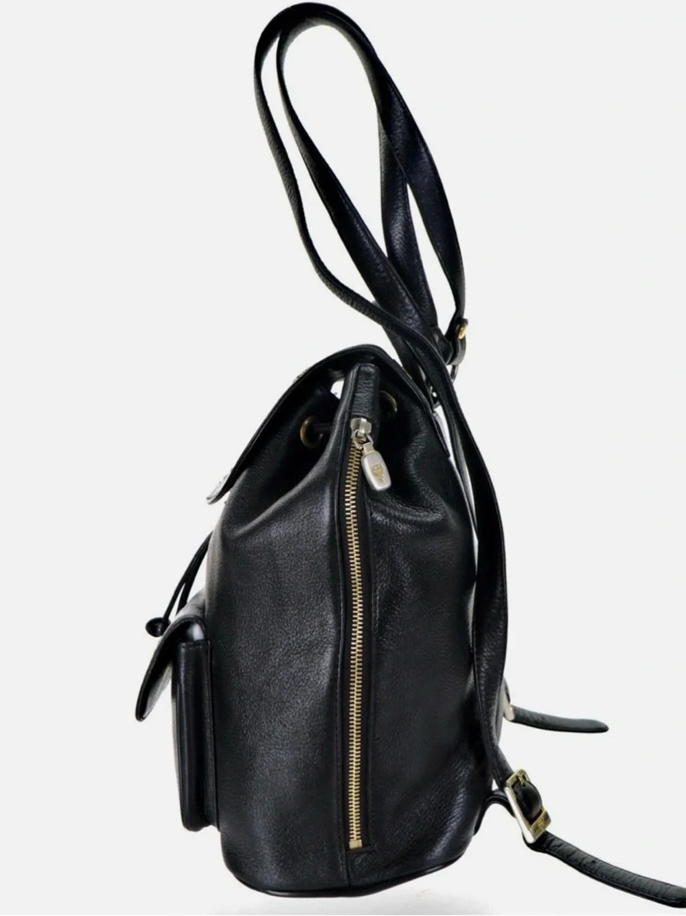 MCM Black Leather Drawstring Backpack (magnetic snap is missing)